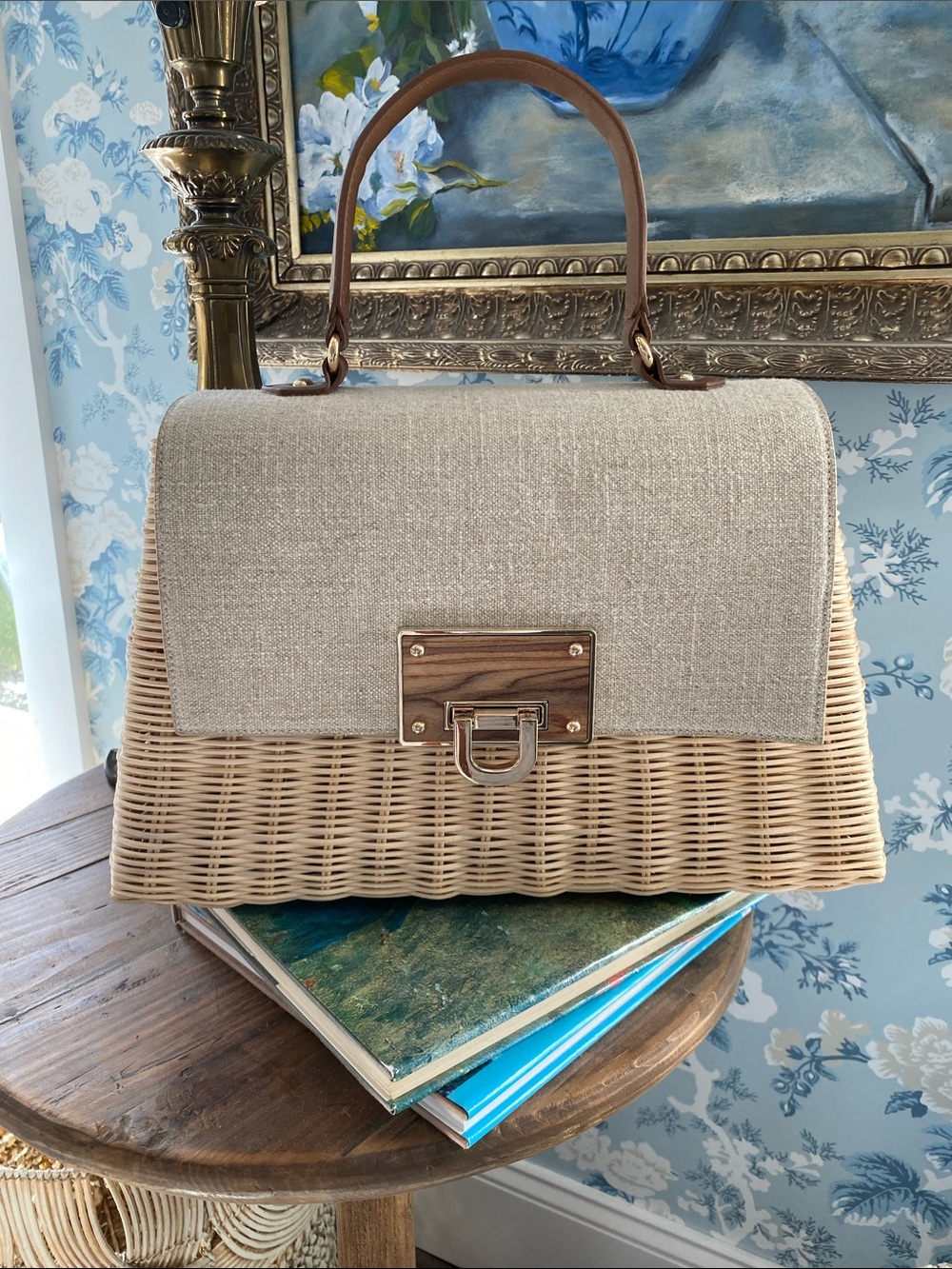 Woven Rattan Satchel with Linen Flap - Beige